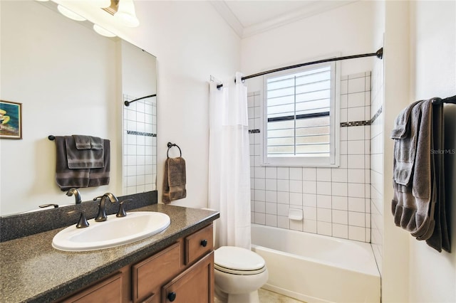 full bathroom featuring toilet, vanity, shower / tub combo with curtain, and crown molding