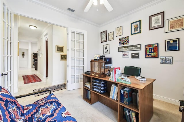 office area with light carpet, french doors, ceiling fan, and crown molding