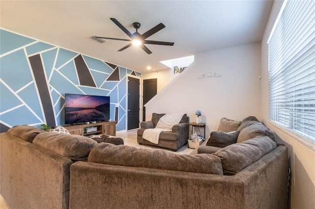 living room with ceiling fan