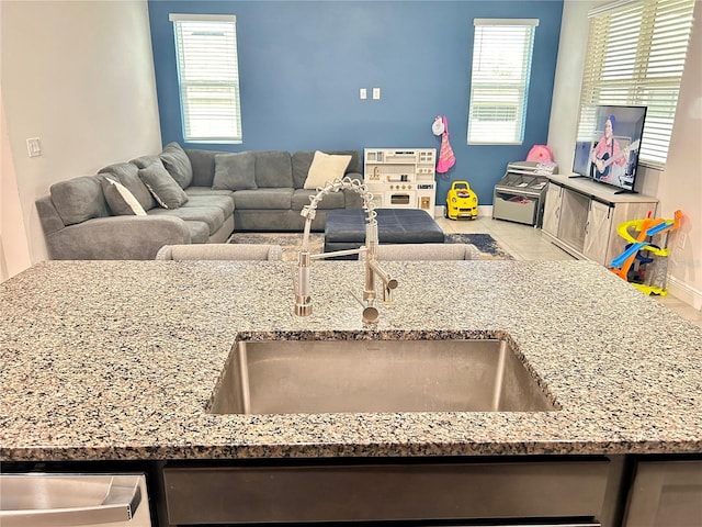 kitchen featuring stainless steel dishwasher, light stone countertops, and sink