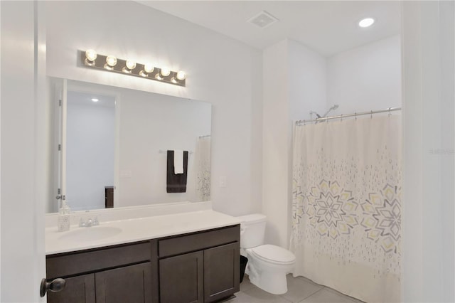 full bathroom with shower / bathtub combination with curtain, vanity, tile patterned flooring, and toilet