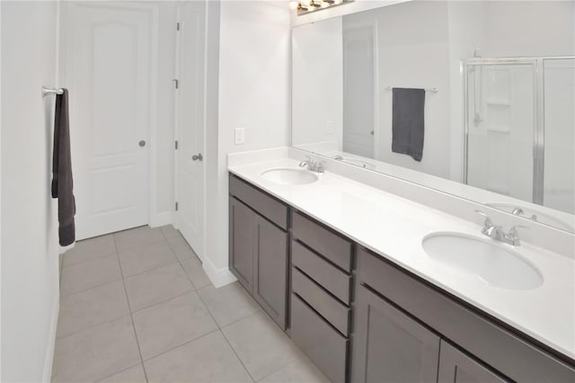 bathroom with tile patterned flooring, vanity, and a shower with shower door