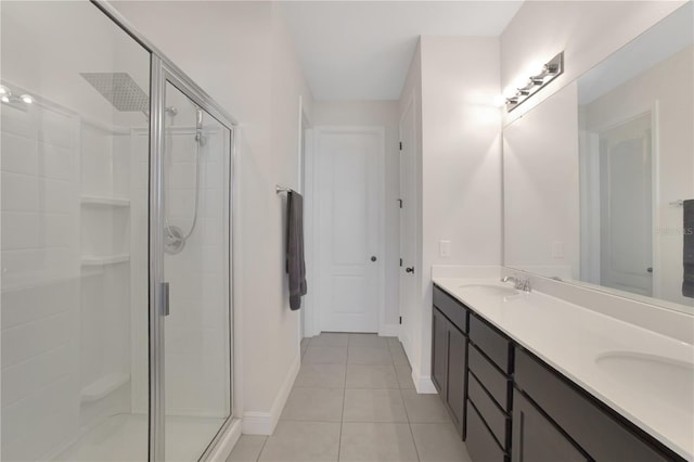 bathroom with vanity, tile patterned flooring, and an enclosed shower