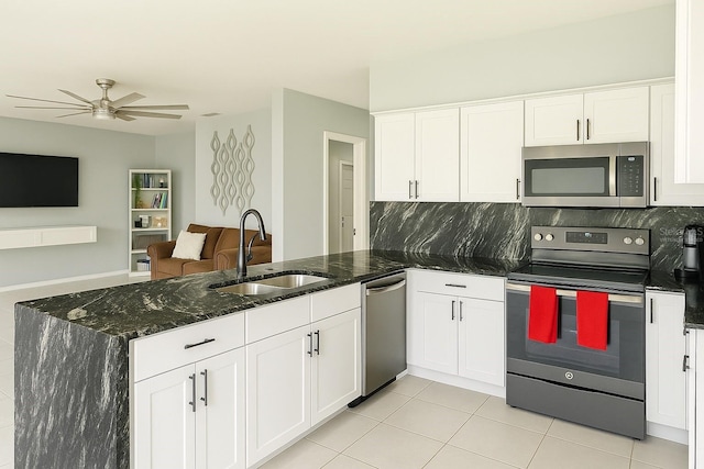 kitchen featuring a sink, ceiling fan, stainless steel appliances, white cabinets, and a peninsula