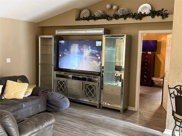 living room featuring a textured ceiling, lofted ceiling, and hardwood / wood-style flooring