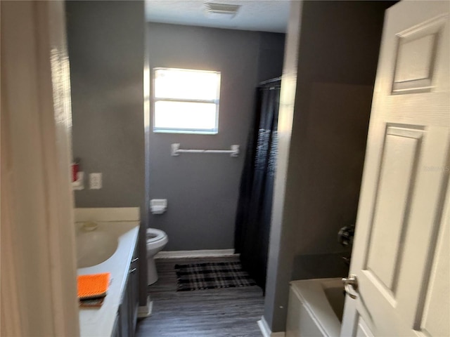 bathroom with a washtub, vanity, and toilet