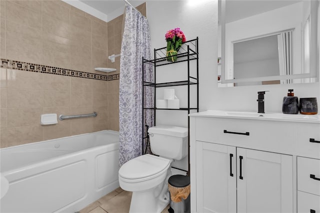 full bathroom featuring tile patterned floors, vanity, toilet, and shower / tub combo with curtain