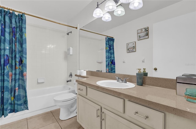 full bathroom featuring vanity, toilet, shower / tub combo with curtain, and tile patterned flooring