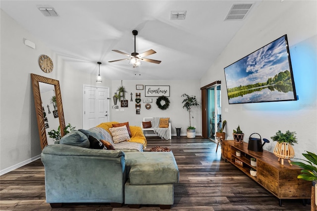 living room with ceiling fan, dark hardwood / wood-style flooring, and lofted ceiling