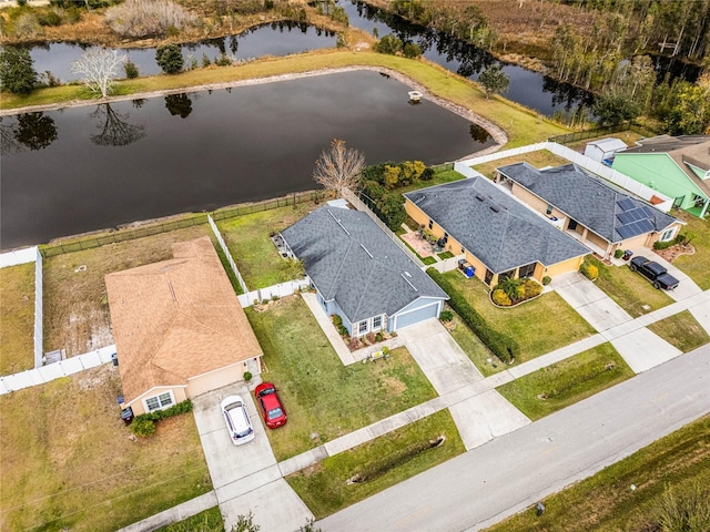 aerial view featuring a water view