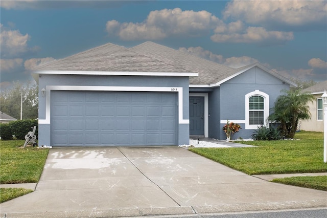 single story home with a garage and a front lawn