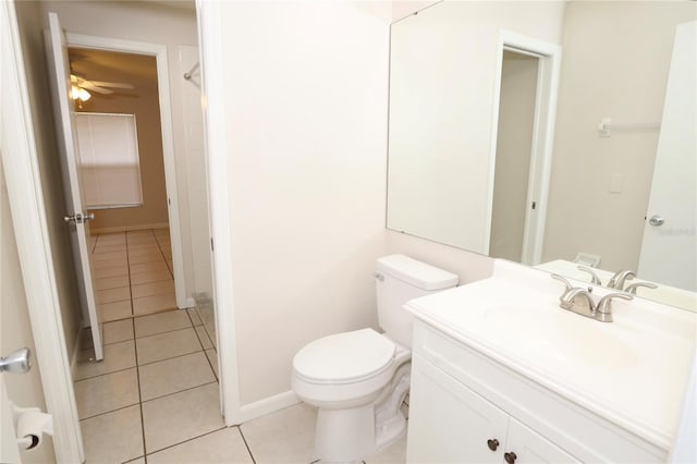 bathroom featuring ceiling fan, vanity, toilet, and tile patterned floors