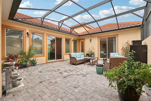 view of patio with a lanai and an outdoor living space