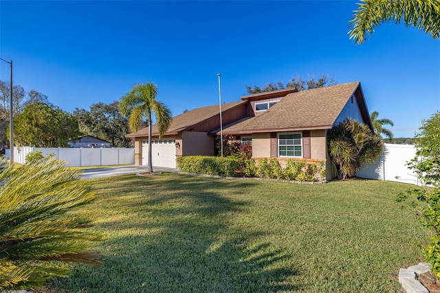 view of front of home with a front lawn and a garage