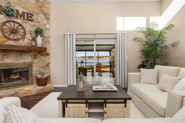 living room featuring a water view, a stone fireplace, and wood-type flooring