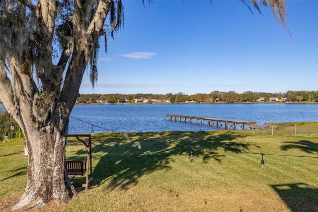 dock area featuring a yard and a water view