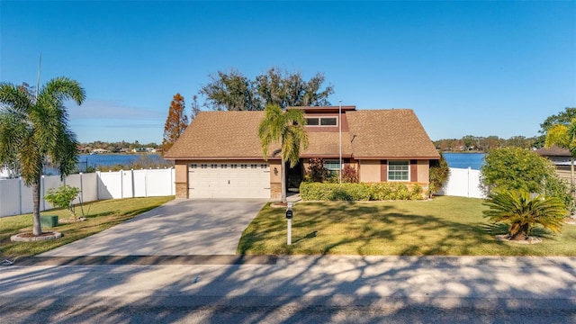 view of front of house with a front yard, a garage, and a water view