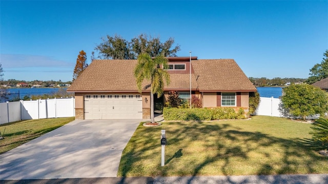 view of front of home featuring a front lawn, a garage, and a water view