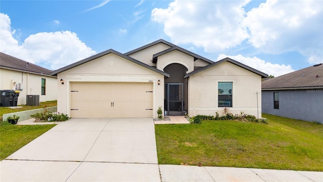 ranch-style house with a front yard, a garage, and central AC