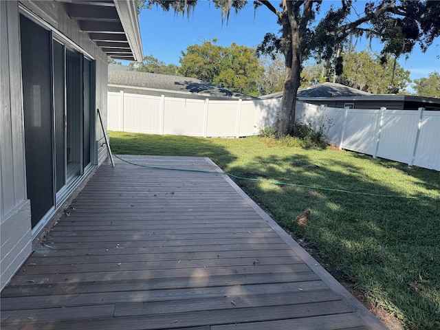 deck with a yard and a fenced backyard