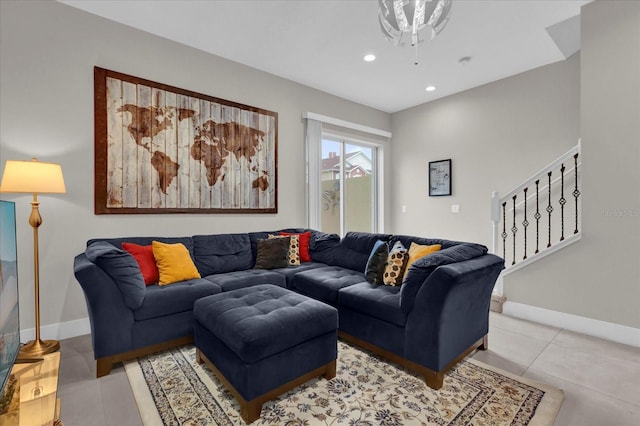 living room with light tile patterned floors