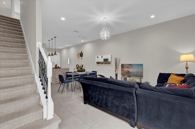 living room featuring light tile patterned flooring