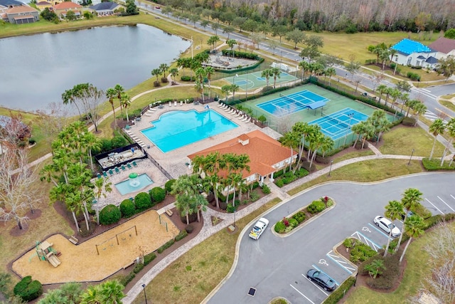 bird's eye view with a water view