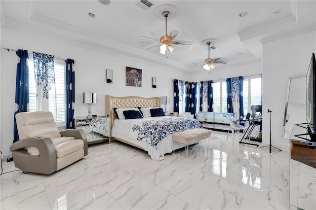 bedroom featuring marble finish floor, a raised ceiling, visible vents, and crown molding