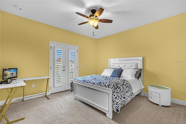 bedroom with carpet floors, access to exterior, baseboards, and french doors