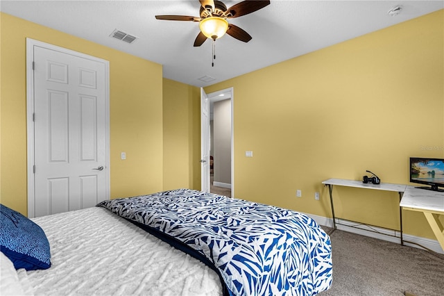 bedroom featuring carpet, ceiling fan, visible vents, and baseboards