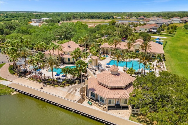 aerial view featuring a water view