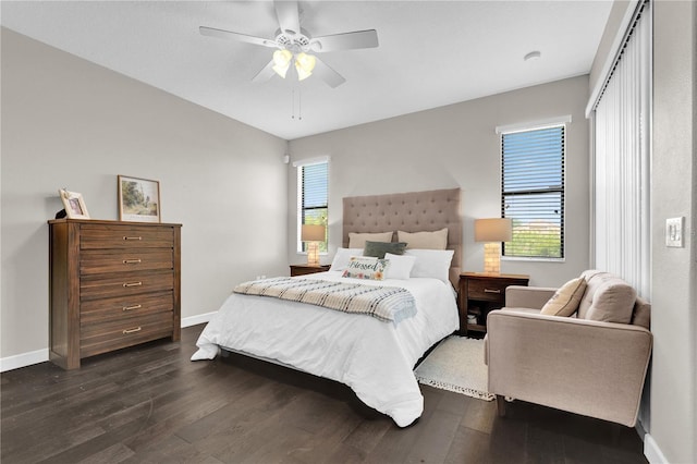 bedroom with multiple windows, a closet, dark hardwood / wood-style floors, and ceiling fan