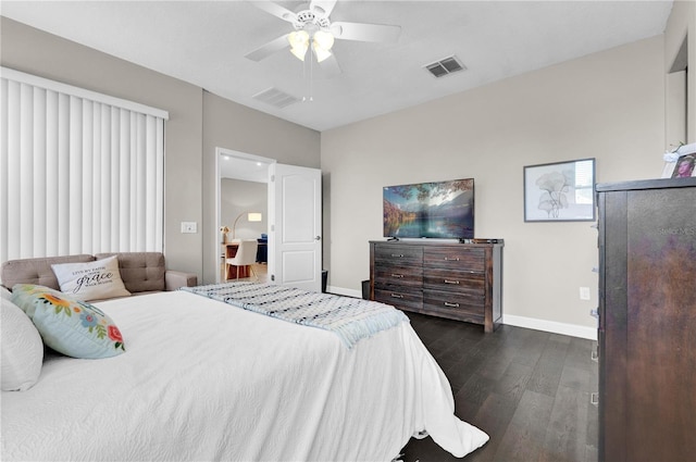 bedroom featuring dark wood-type flooring and ceiling fan