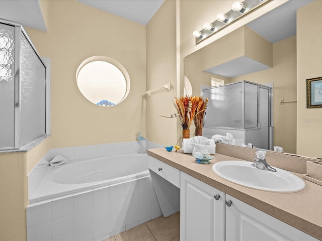 bathroom with vanity, plus walk in shower, and tile patterned floors