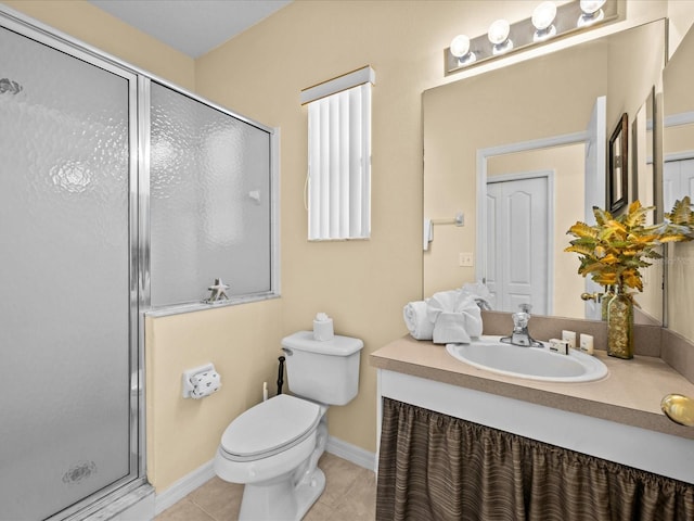 bathroom with toilet, an enclosed shower, tile patterned flooring, and vanity