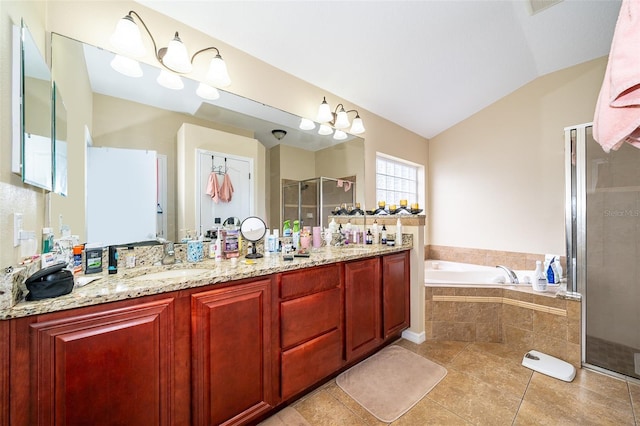 bathroom featuring shower with separate bathtub, vanity, tile patterned floors, and vaulted ceiling