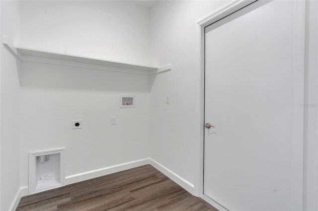 clothes washing area with hookup for an electric dryer, hookup for a washing machine, and wood-type flooring