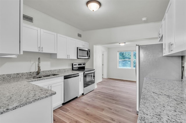 kitchen with light stone countertops, white cabinetry, sink, and appliances with stainless steel finishes