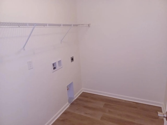 washroom featuring hookup for an electric dryer, wood-type flooring, and washer hookup