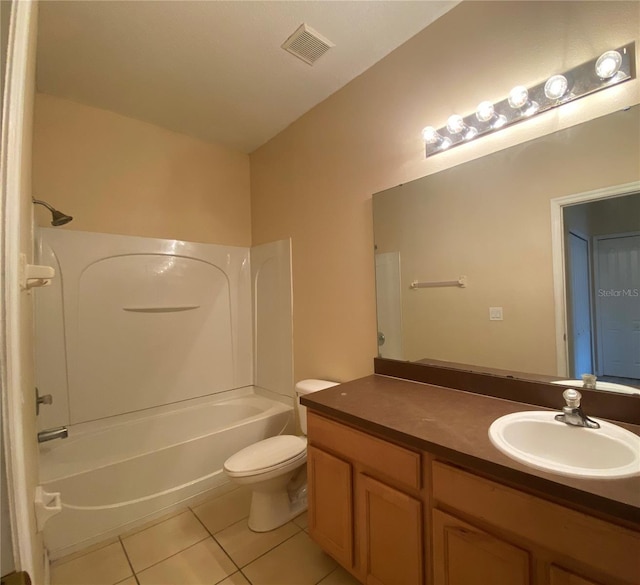 full bathroom with toilet, vanity, tile patterned flooring, and washtub / shower combination