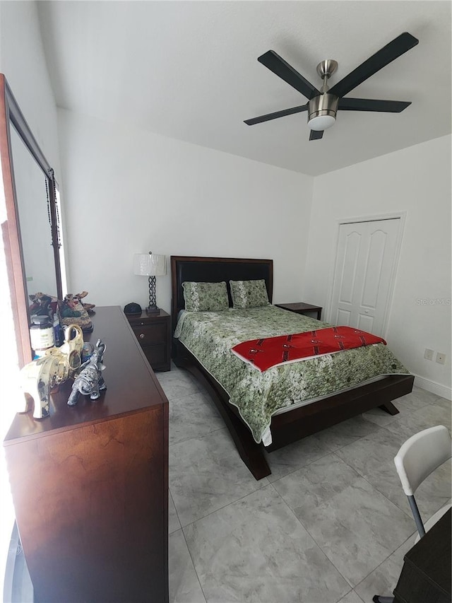 bedroom featuring ceiling fan and a closet