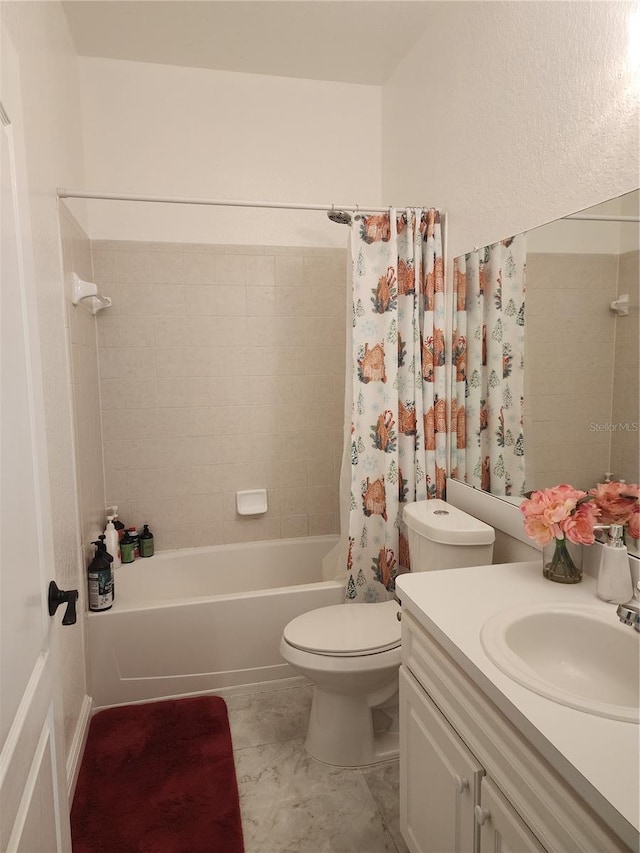 full bathroom with shower / bath combo with shower curtain, toilet, and vanity