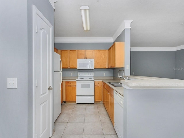 kitchen featuring white appliances, crown molding, kitchen peninsula, sink, and light tile patterned flooring