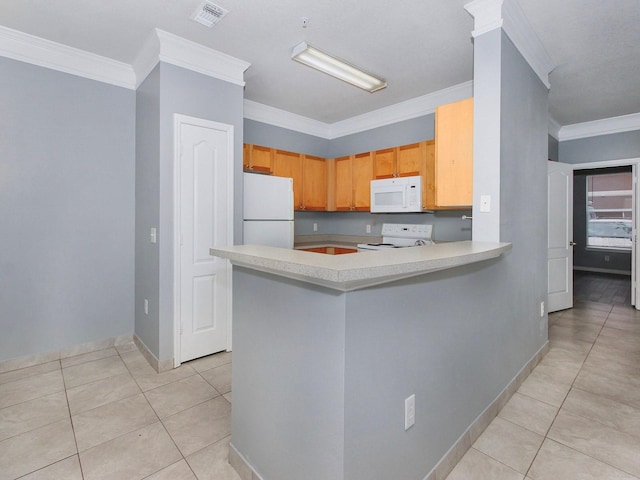 kitchen with white appliances, kitchen peninsula, ornamental molding, and light tile patterned floors