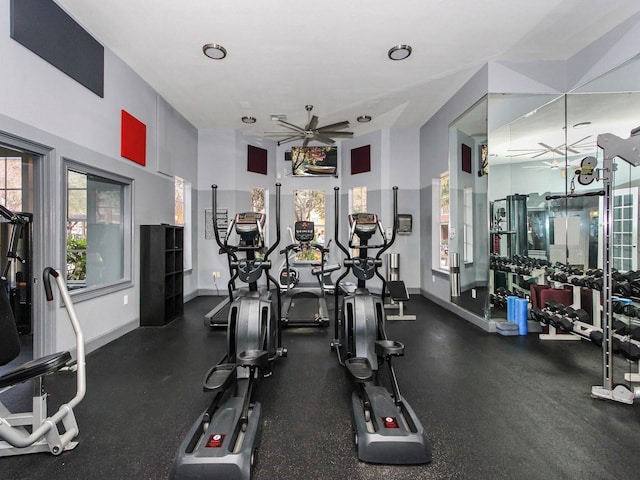 workout area with ceiling fan