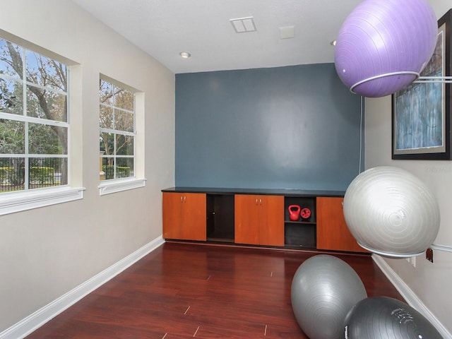 workout area featuring dark hardwood / wood-style flooring