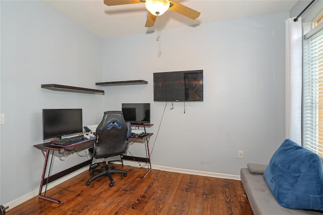 office featuring hardwood / wood-style flooring and ceiling fan