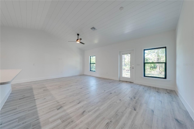 empty room featuring ceiling fan, vaulted ceiling, wooden ceiling, and light hardwood / wood-style floors