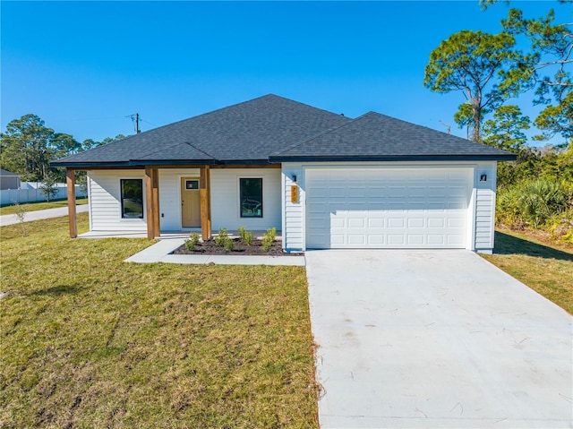 view of front of house featuring a front lawn, a porch, and a garage