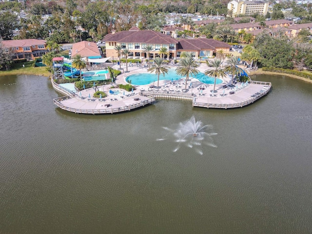 birds eye view of property featuring a water view